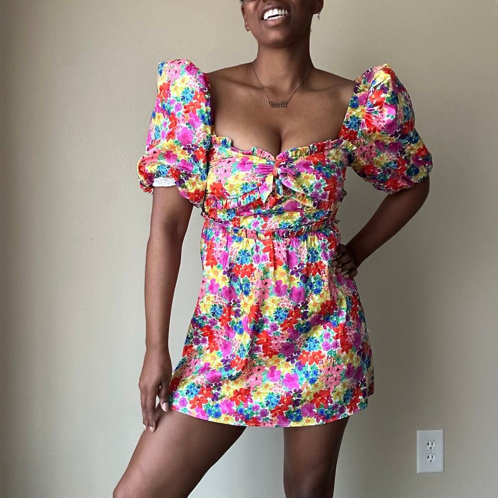 For Love and Lemons Merrill Floral Puff Sleeve Mini Dress Sze Small
